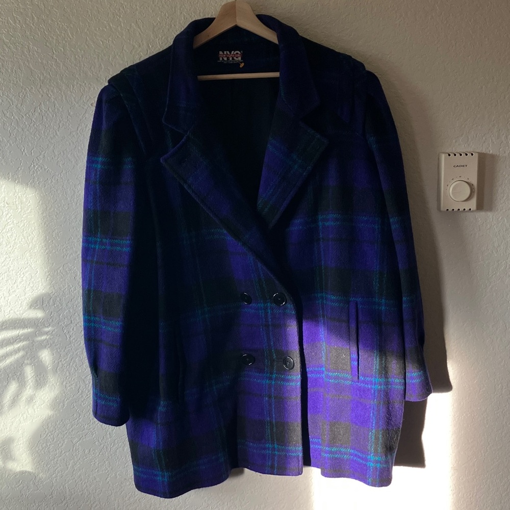 New York Girl Wool Blend Green Blue Black Plaid Double Breasted Midi Coat 2XL